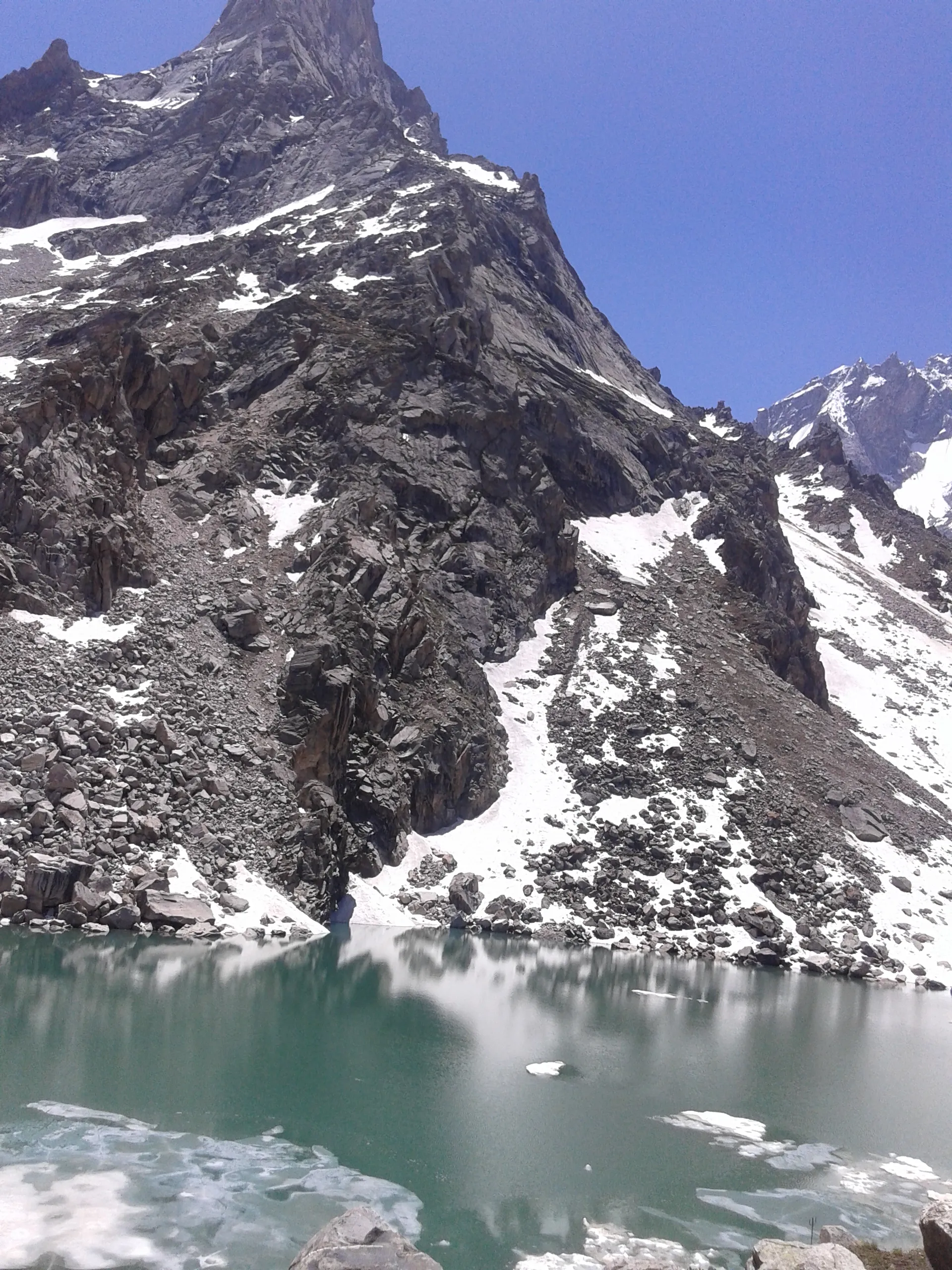 Green waters of Neelkanth Mahadev Lake with floating ice, below the steep rock face and snow patches of Neelkanth Peak, Lahaul