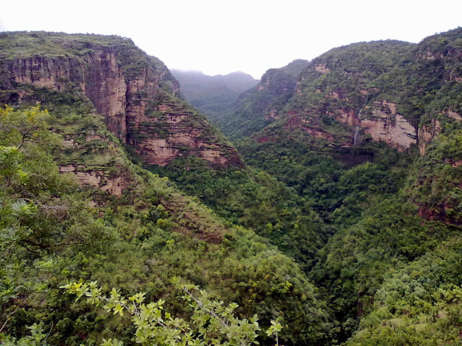 Forested sandstone gorge with red cliffs and a thin waterfall below the eastern edge of the Pachmarhi plateau