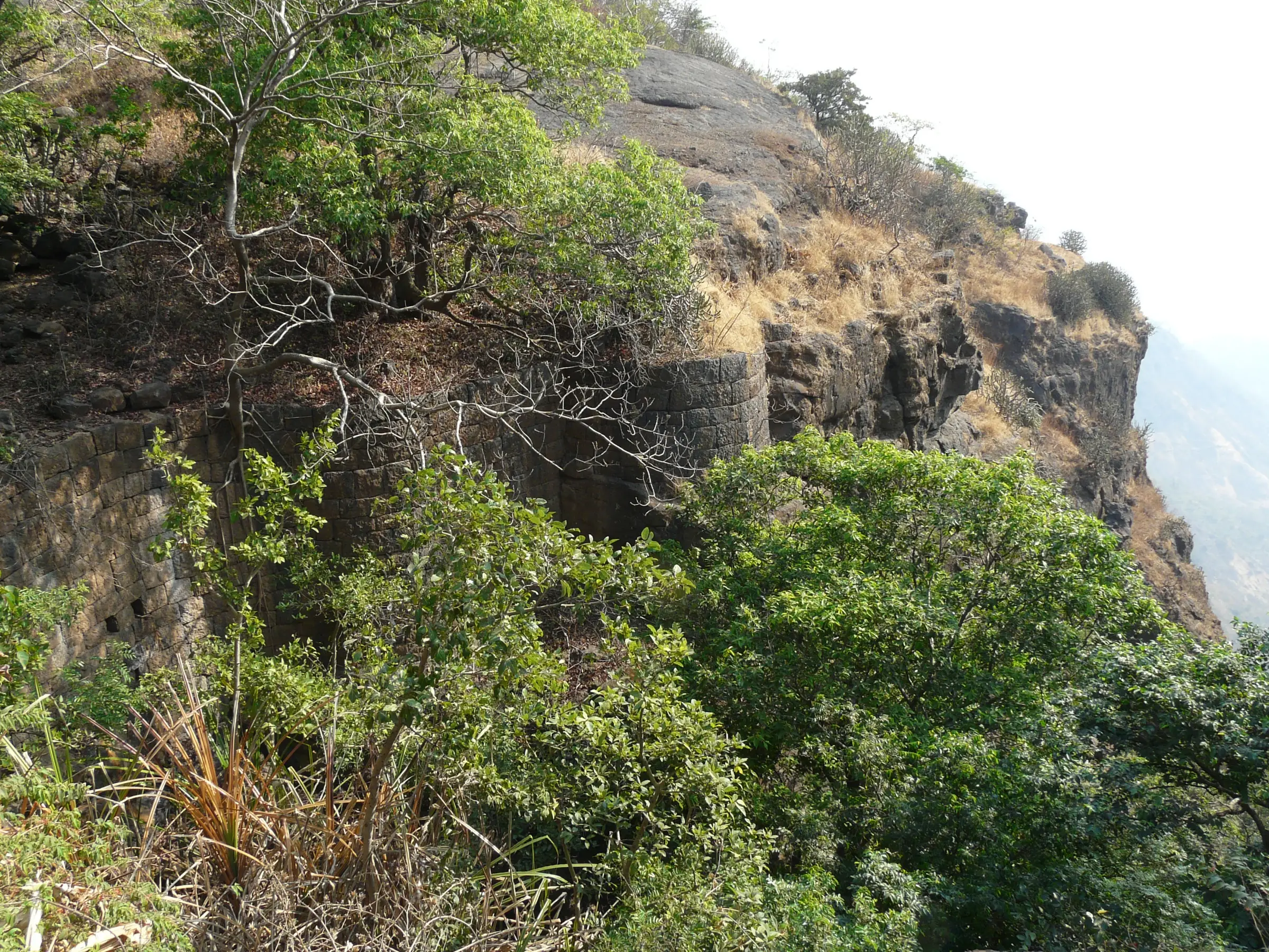 Old stone bastion wall of Palasgad on the Mahuli massif, among trees on the cliff edge