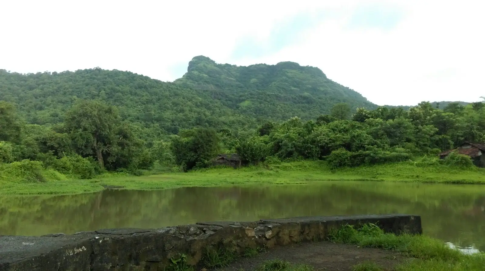 Tandulwadi fort, on the same Palghar hill range about 16 km south of Asawa Fort, rising above a village pond in the monsoon; this photo does not show Asawa Fort itself