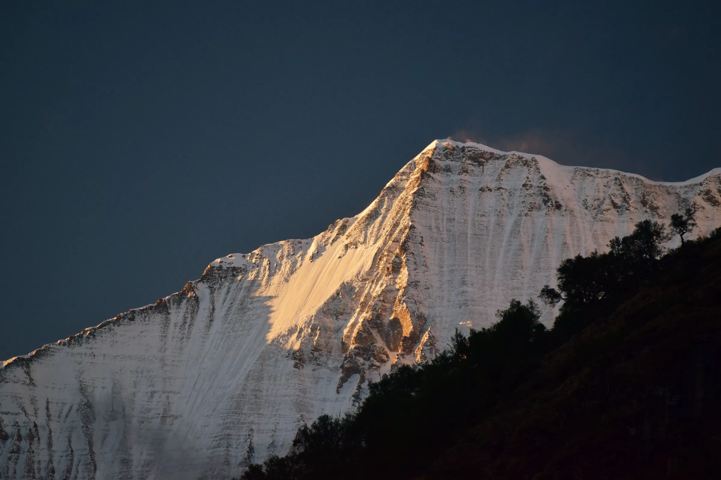 Snow face of Panwali Dwar glowing gold at sunset above the dark forested ridge of Kathaliya