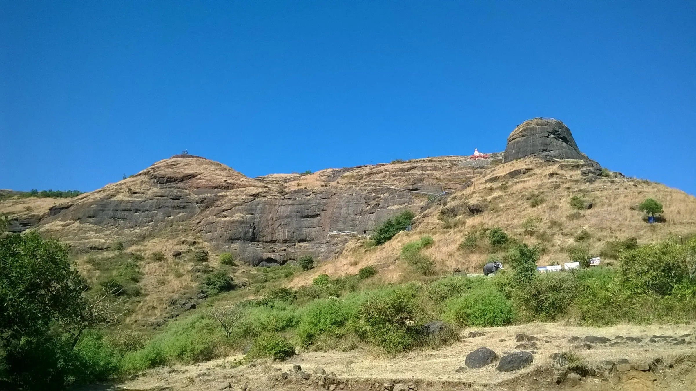 The grassy slopes and rock bands of Patta Fort (Vishramgad) seen from the approach near Pattawadi, with the Devi Pattai temple near the top
