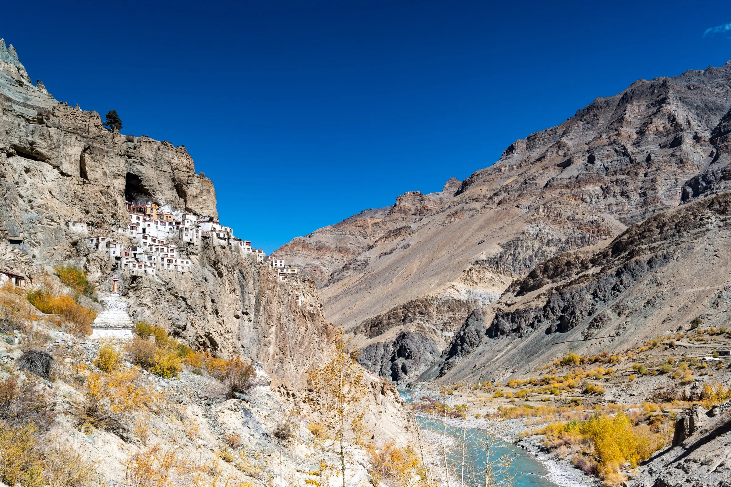 Phuktal Gompa built into a cliff cave above the Tsarap river in Zanskar, visited at the end of the trek