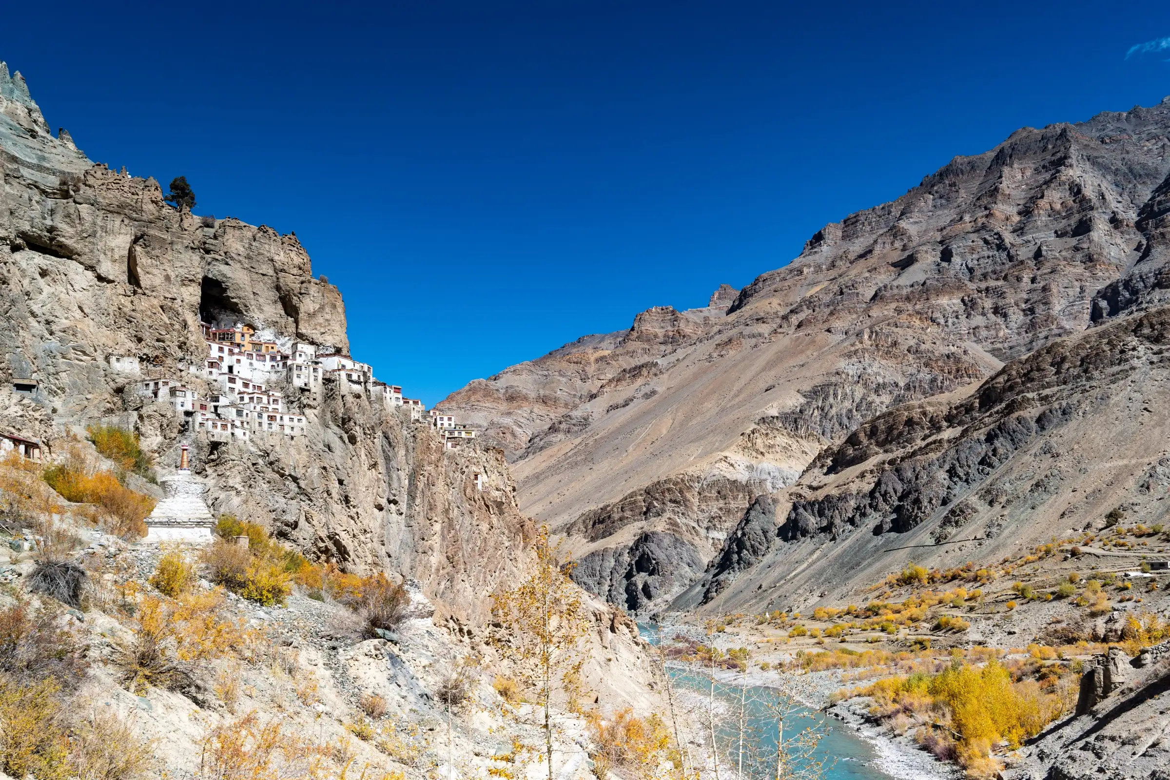 Phuktal Gompa built into a cliff cave above the Tsarap river in Zanskar, visited at the end of the trek