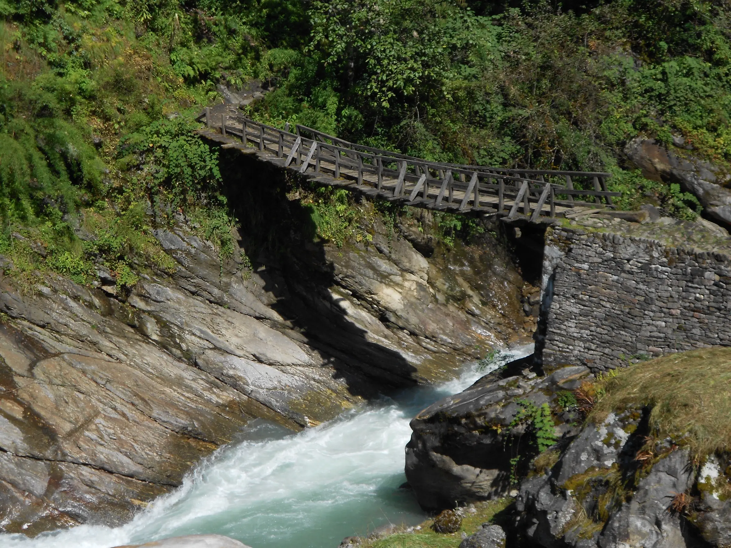 Wooden footbridge on stone abutments over the rushing Pindar River in a forested gorge