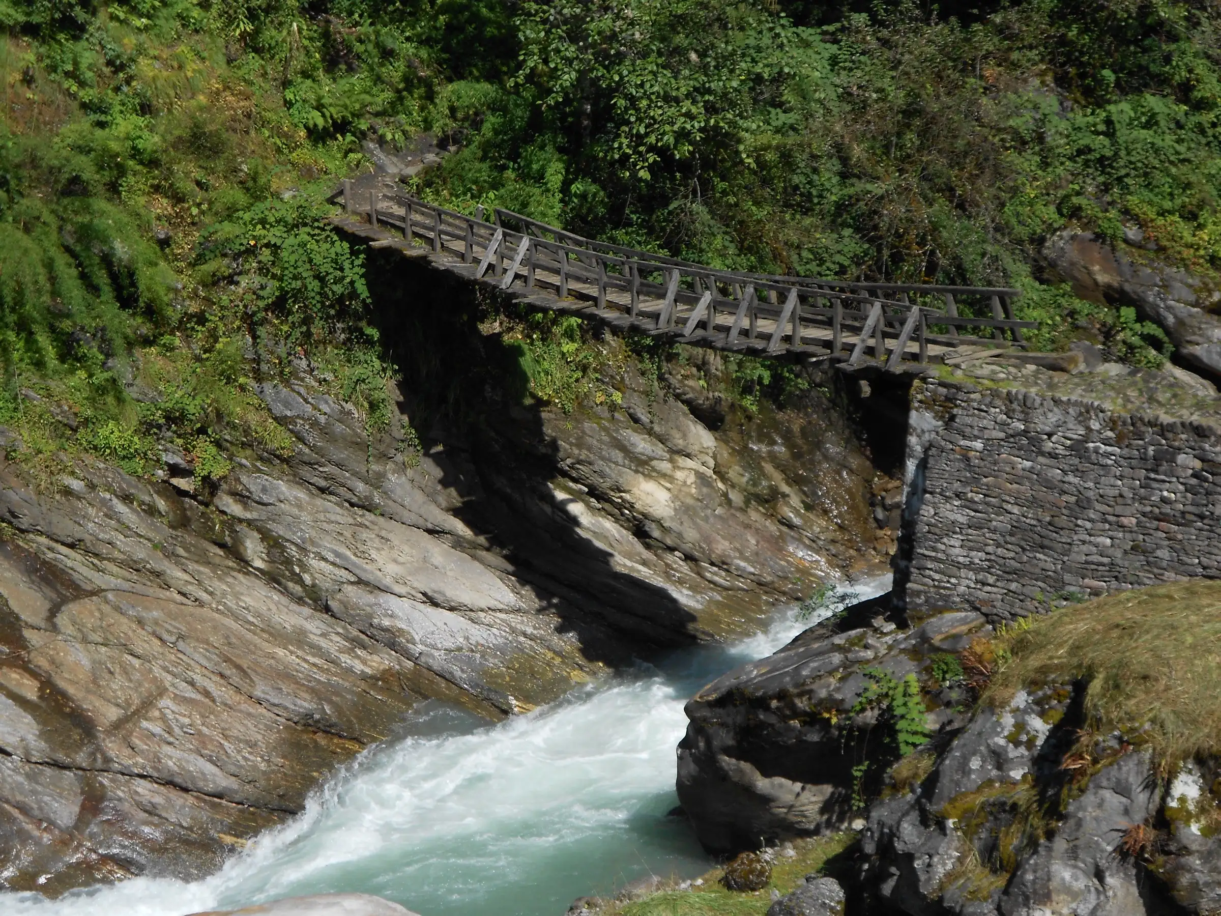 Wooden footbridge on stone abutments over the rushing Pindar River in a forested gorge