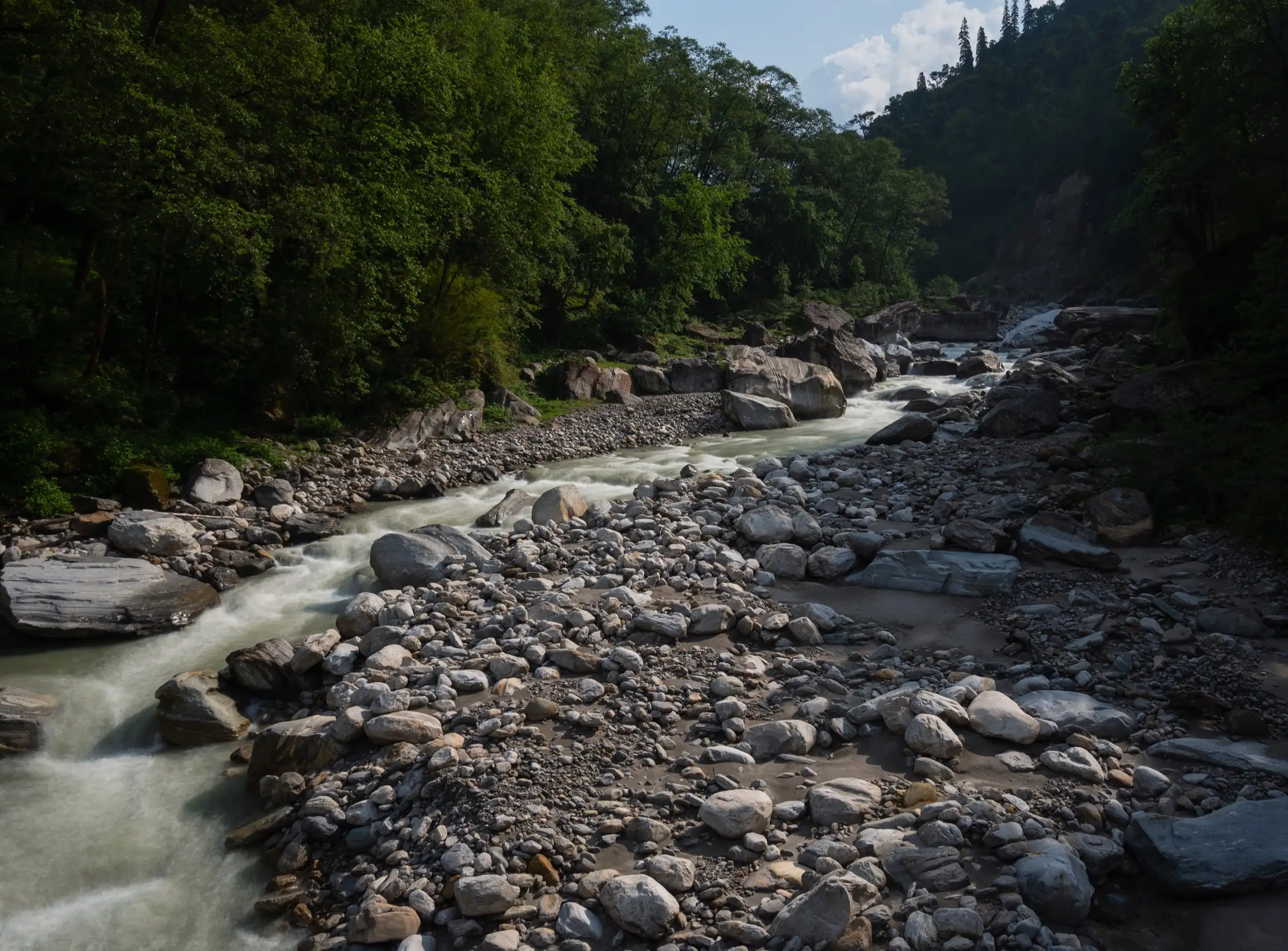 The Pindar river running over a wide bed of boulders through forest near Khati, below the Bajling Top trail