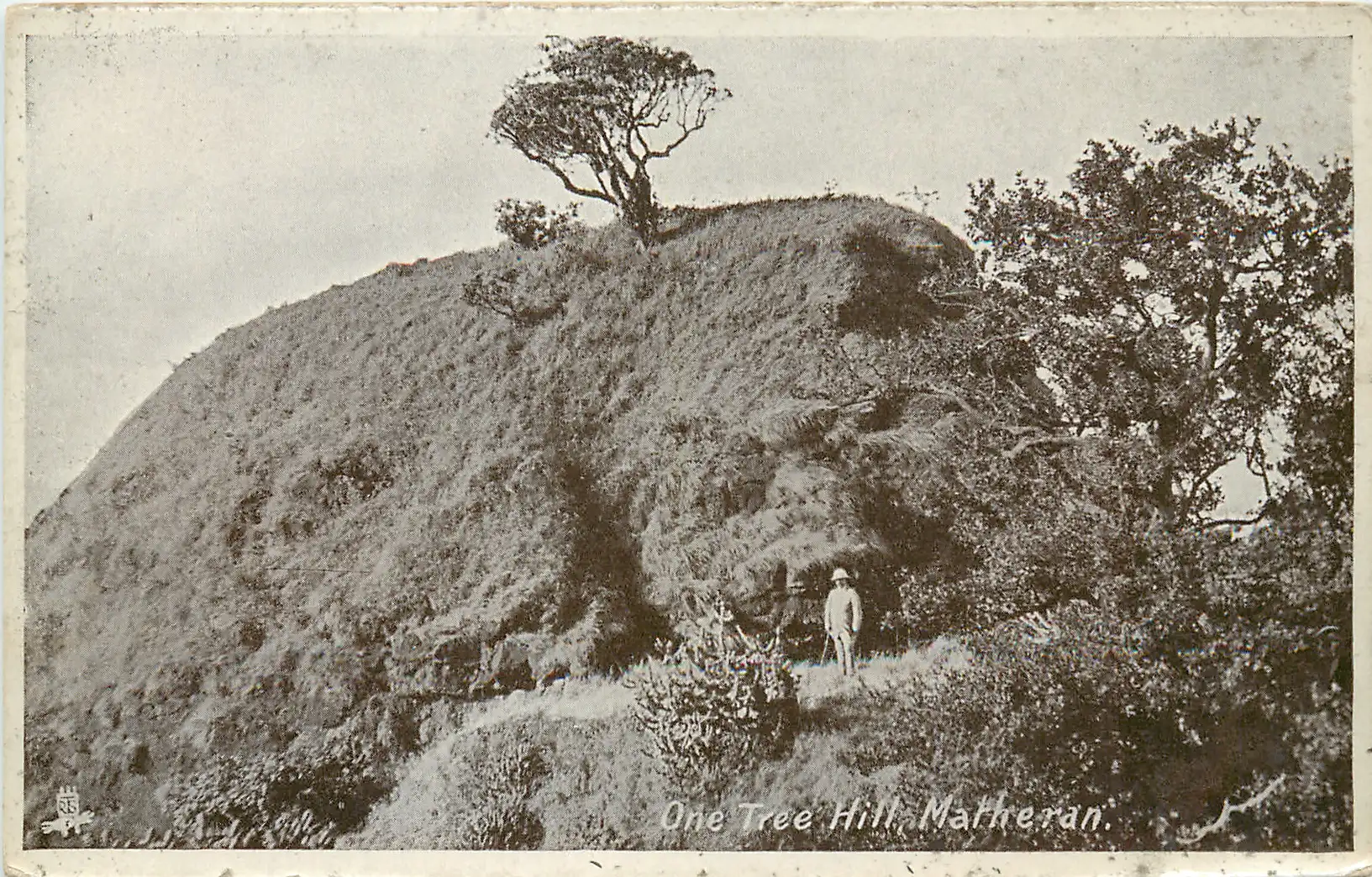 Old black-and-white postcard of One Tree Hill, Matheran, showing the rocky knoll with a lone tree and a man in a hat on the path below