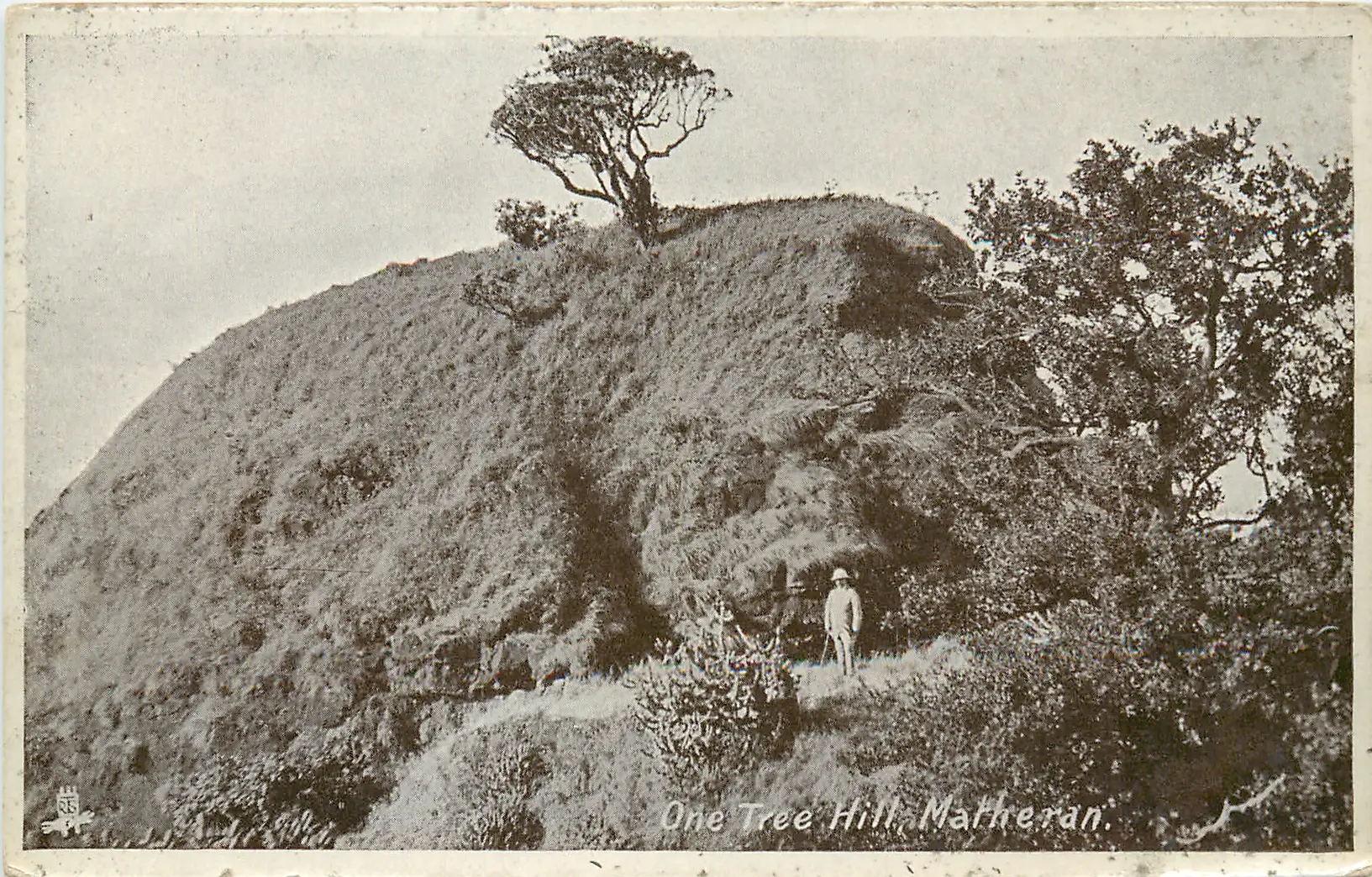 Old black-and-white postcard of One Tree Hill, Matheran, showing the rocky knoll with a lone tree and a man in a hat on the path below
