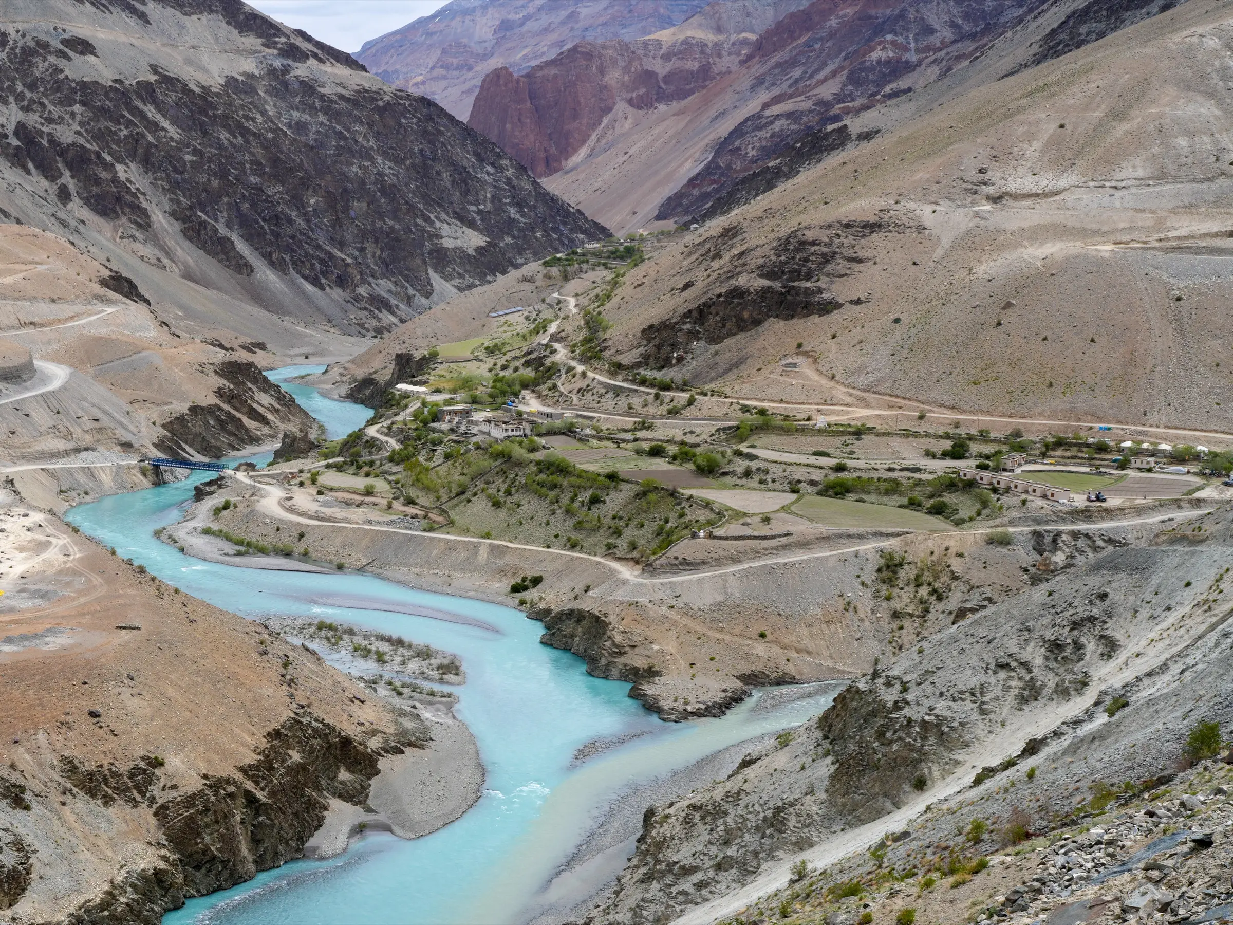 Purne village at the confluence of the Kurgiakh and Tsarap rivers in Zanskar, the last camp of the trek