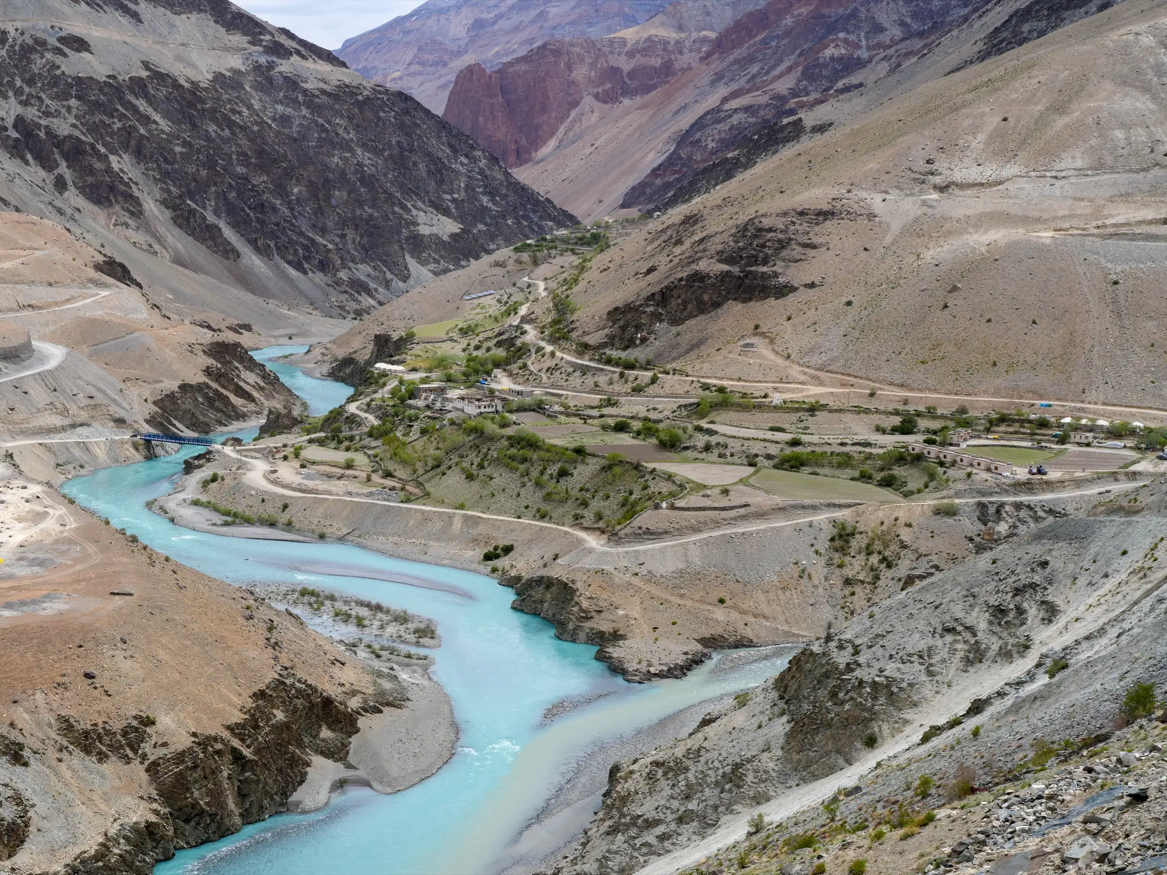 Purne village at the confluence of the Kurgiakh and Tsarap rivers in Zanskar, the last camp of the trek