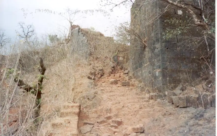 Rough laterite steps climbing past a ruined stone wall of Rangana Fort among dry grass and bare trees