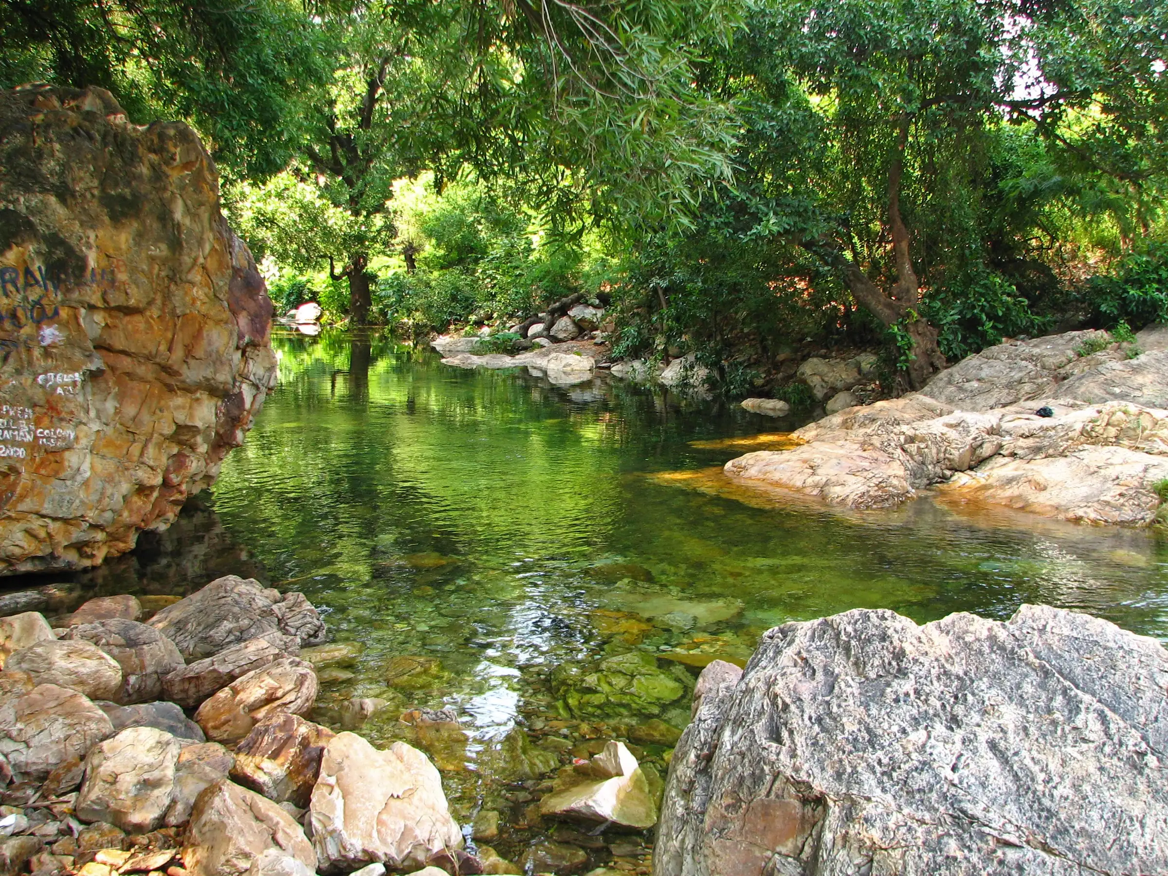 Clear green pool in the stream on the Tada Falls trail, ringed by large rocks and shady trees
