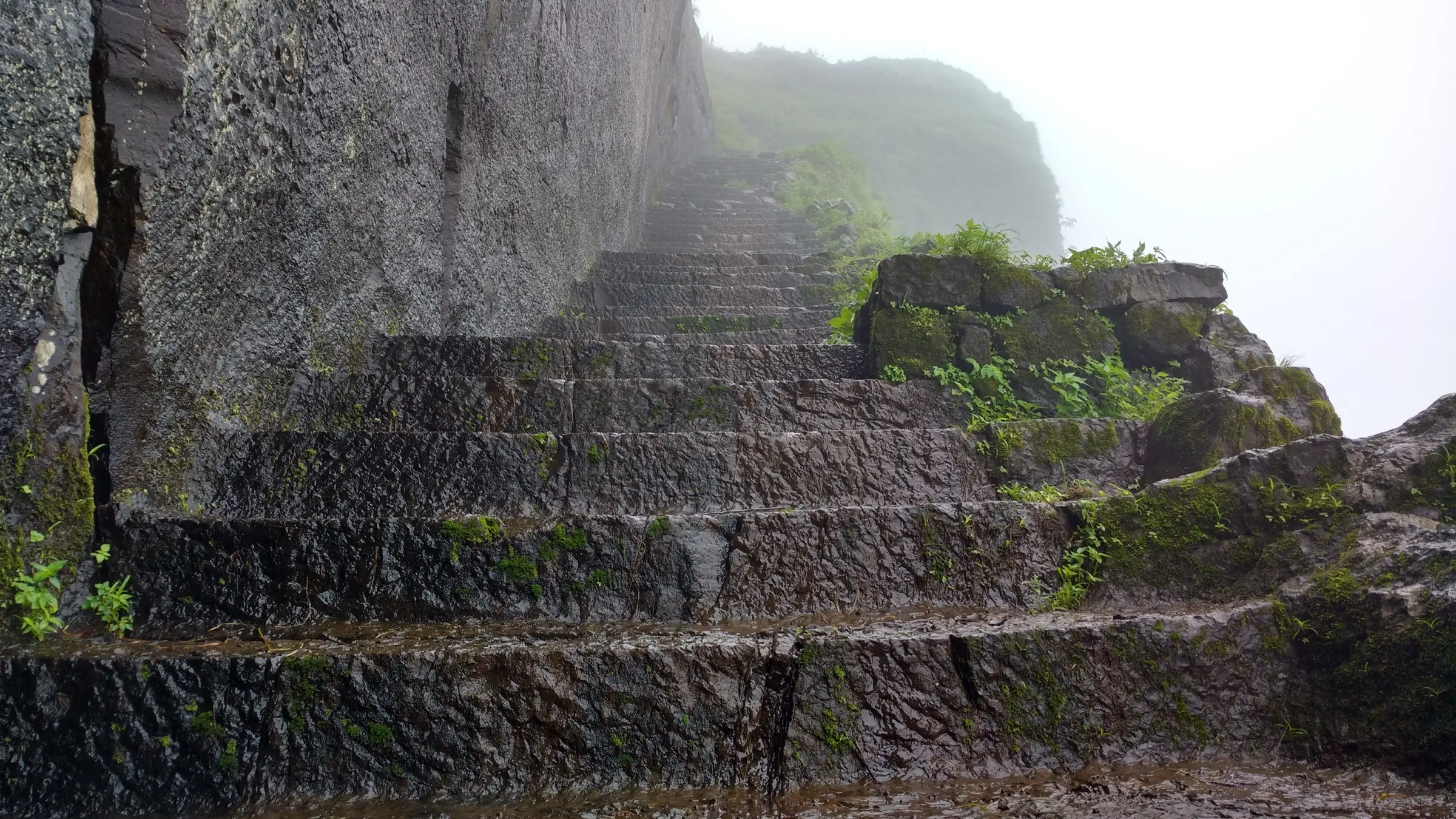Wet rock-cut steps climbing beside a sheer black rock wall into the mist on Kenjalgad