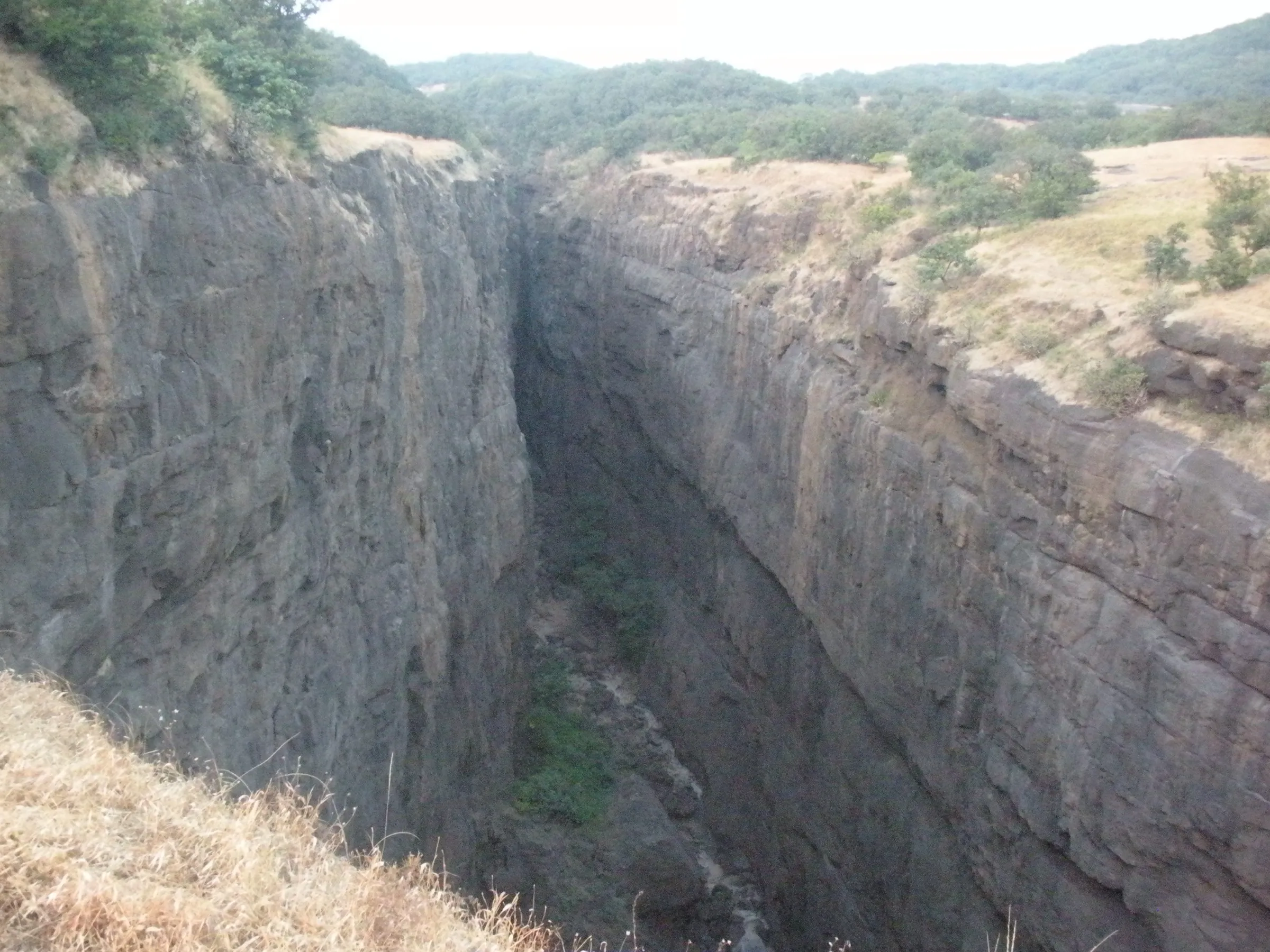 Looking down into the narrow Sandhan Valley gorge between sheer basalt walls, with dry grass on the rim