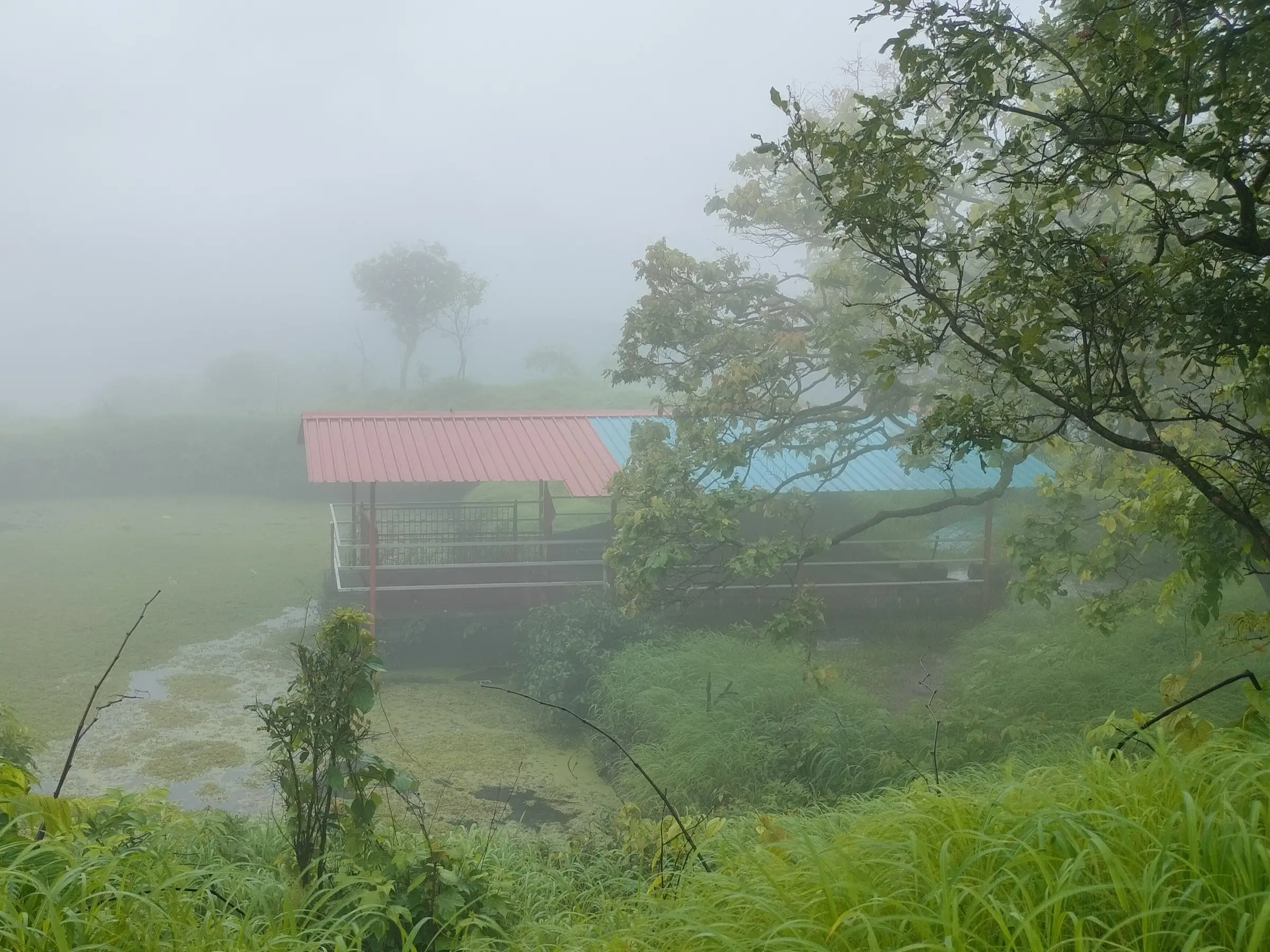 The Shiv mandir on the Sarasgad citadel with its red roof beside a water tank in mist