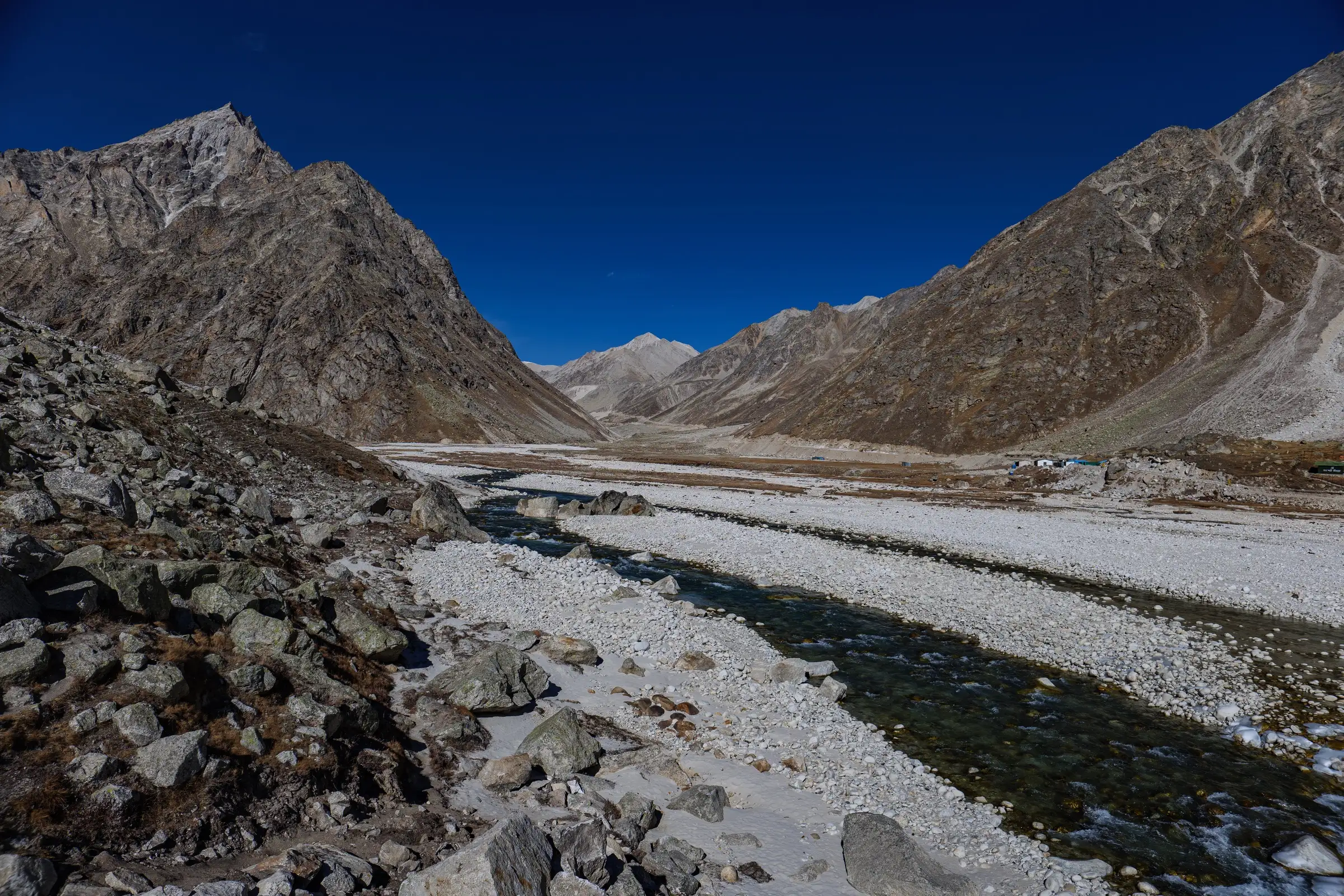 The braided Saraswati river at the Ghastoli camping ground above Mana, in the valley the Gupt Khal trek descends to on its last days