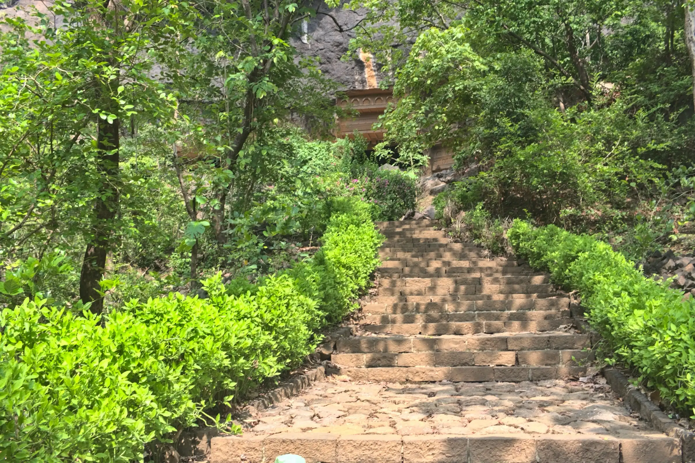 Stone steps through green bushes leading up to the Kondana Caves