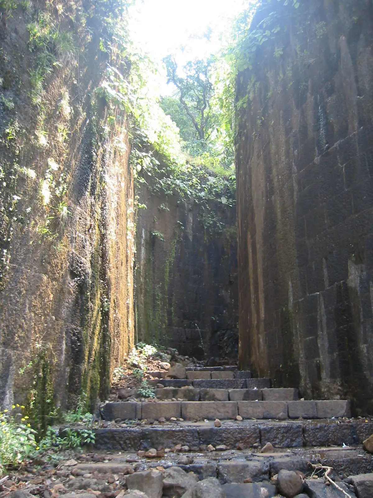 Stone steps rising between tall dressed-stone walls at the entrance way of Sudhagad
