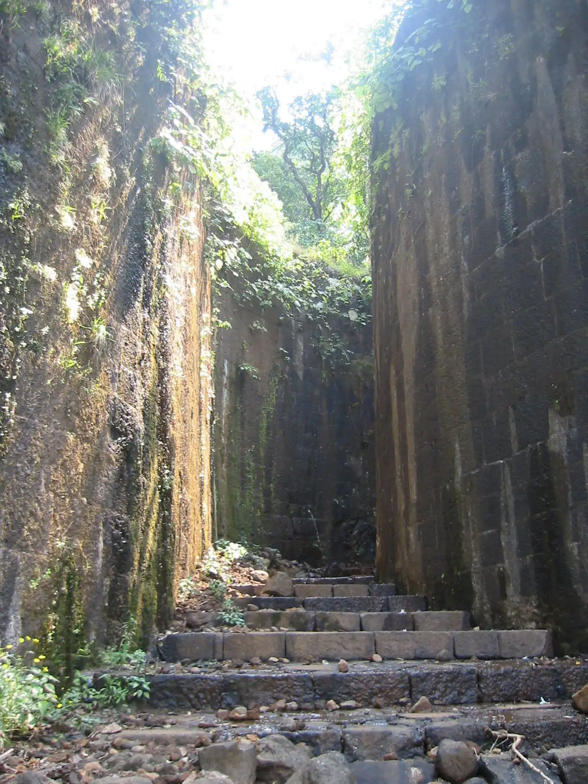 Stone steps rising between tall dressed-stone walls at the entrance way of Sudhagad