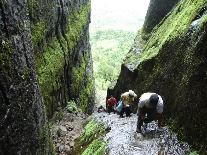 Trekkers climbing wet rock-cut stairs through a narrow mossy gully on the way up Sudhagad