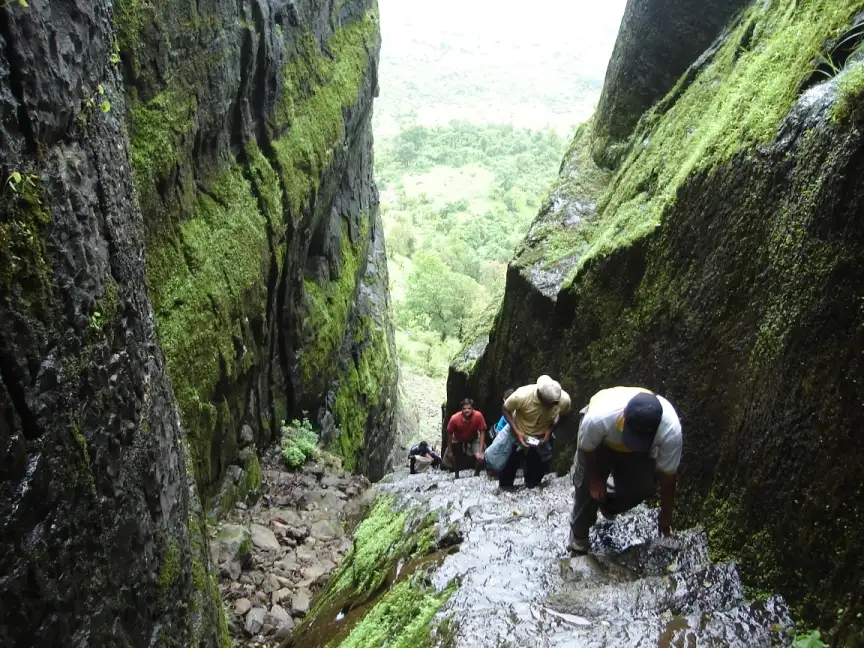 Trekkers climbing wet rock-cut stairs through a narrow mossy gully on the way up Sudhagad