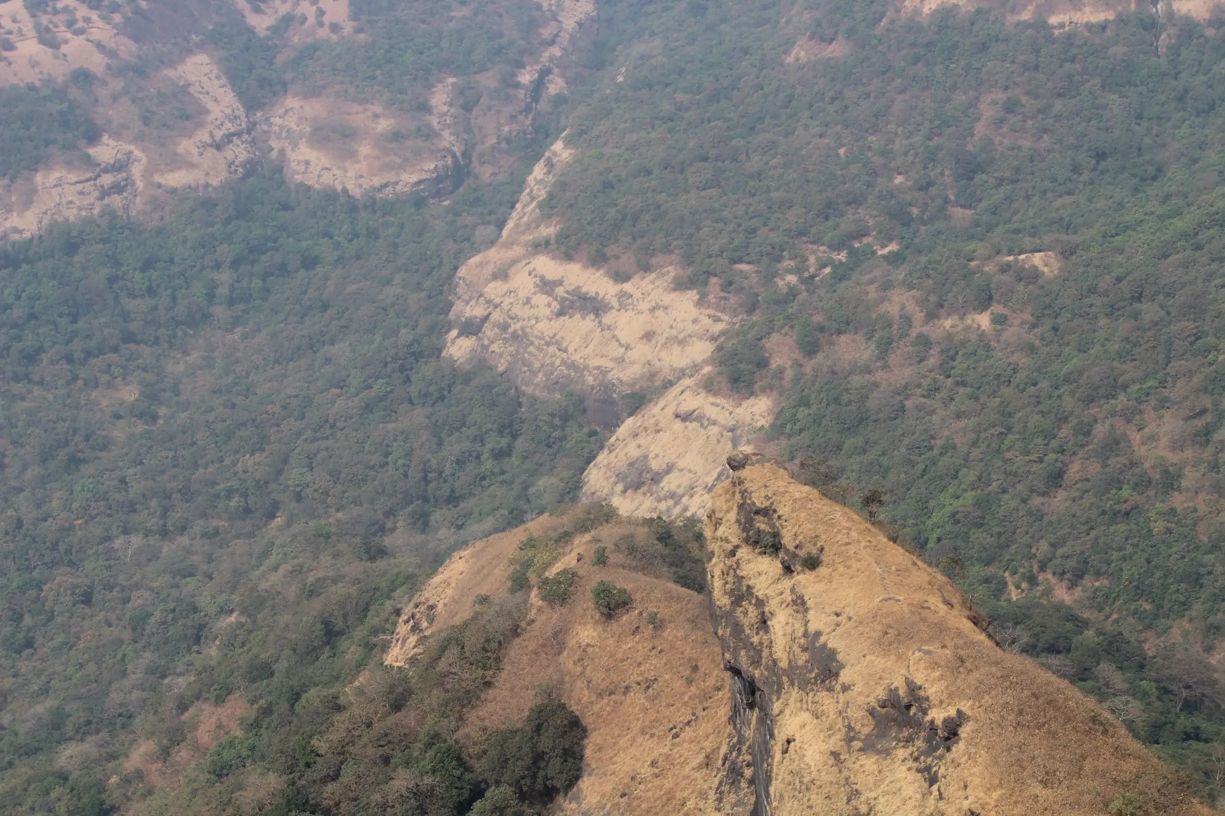 Looking down from the top of Duke's Nose onto a dry rocky spur and forested valley walls in winter