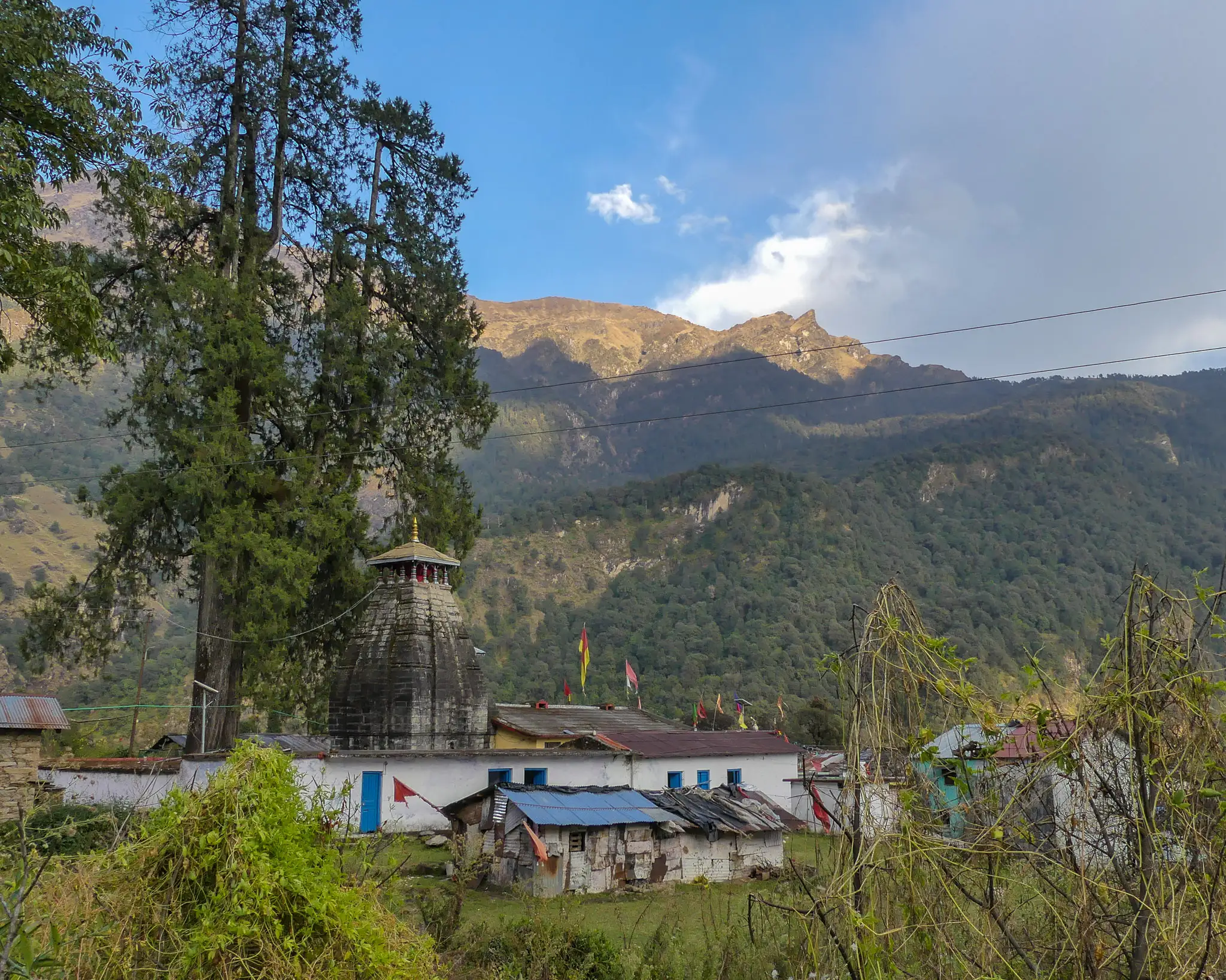 Stone shikhara of the Anusuya Devi temple beside a tall cypress, with whitewashed buildings, flags and forested ridges behind