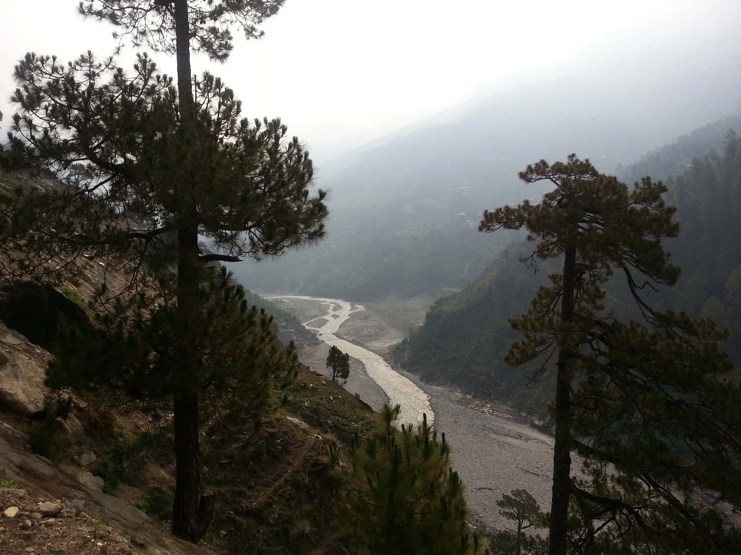 The Tons river valley near Bhitri, the river winding through a wide stony bed between pine-covered slopes, near the start of the Bharadsar Lake trek