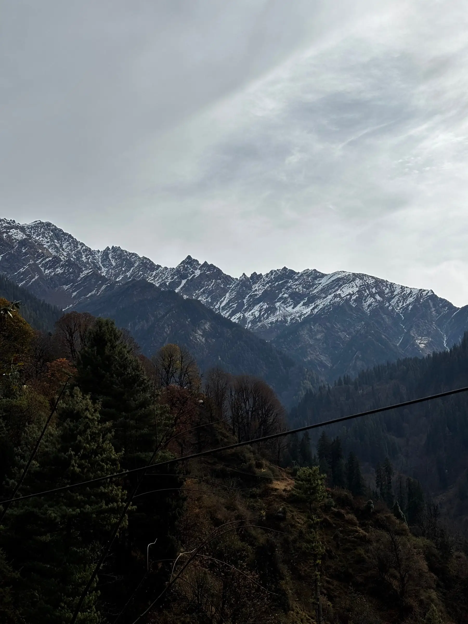 Forested slope and a snow-dusted rocky ridge under cloud, between Tosh and Kutla villages