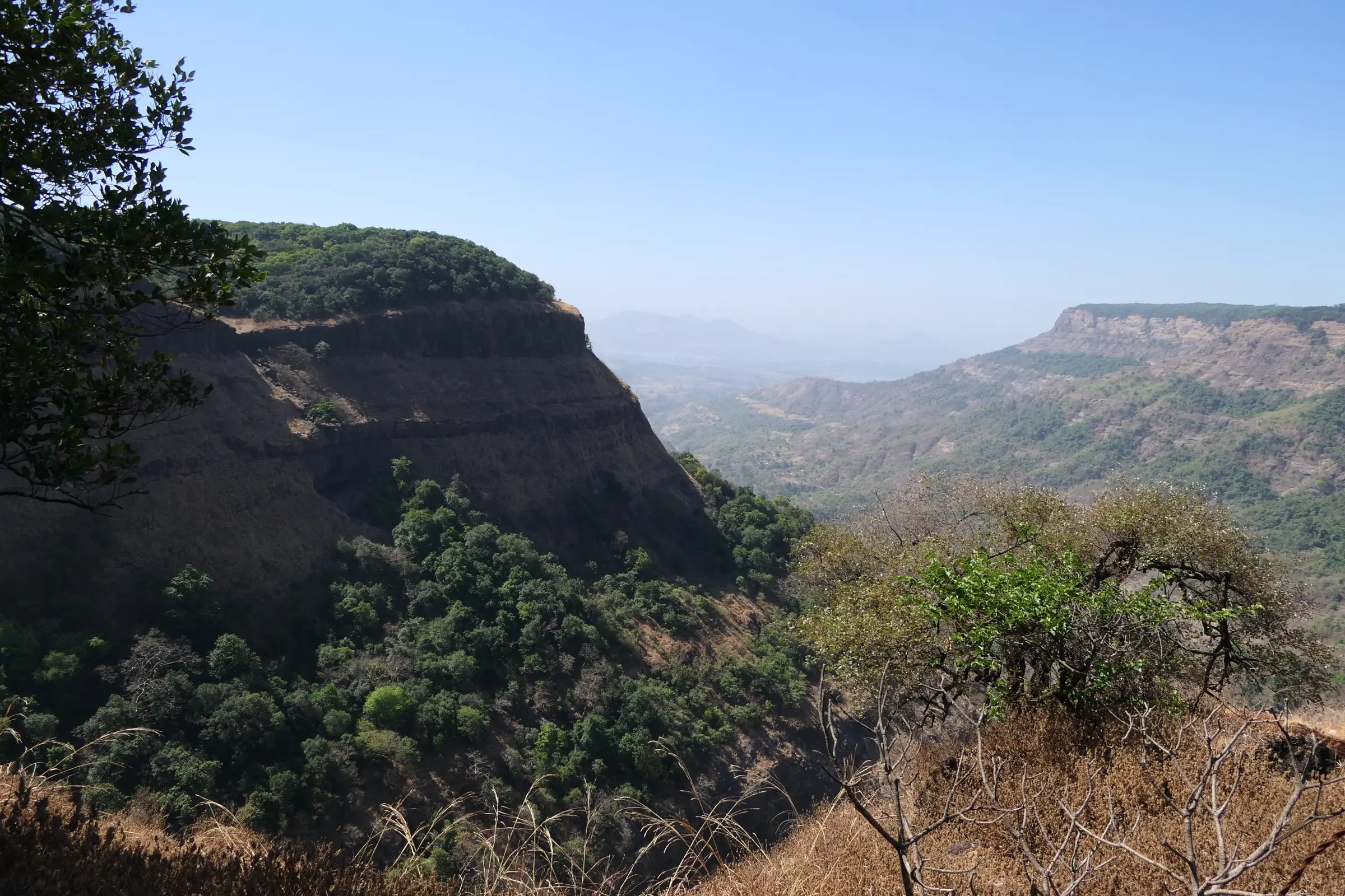 Forested basalt cliff edge of the Matheran hills with a flat-topped ridge and hazy valley seen from the Garbett trail