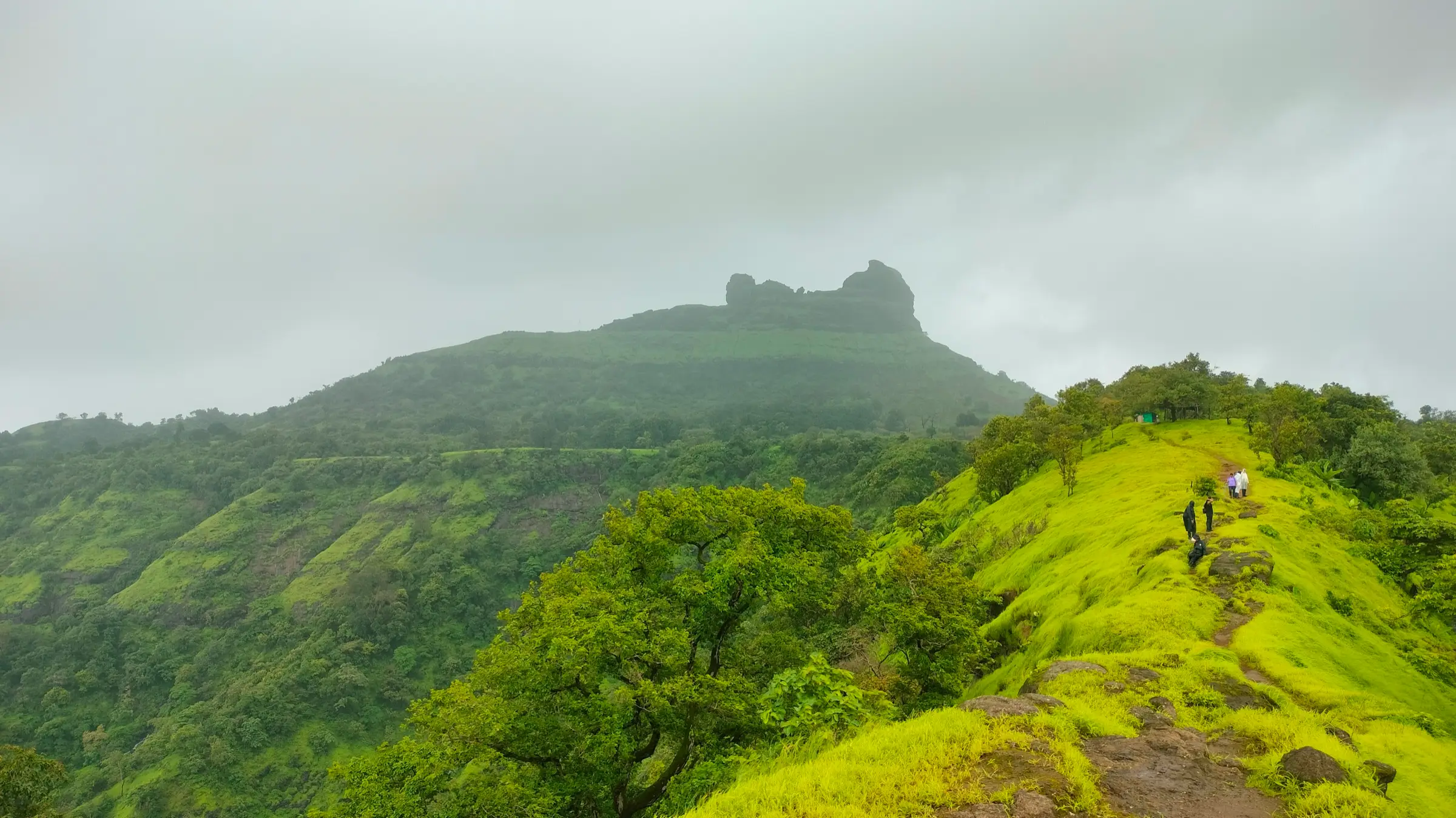 Trekkers in raincoats on a bright green grassy ridge path with the misty Irshalgad pinnacle rising behind