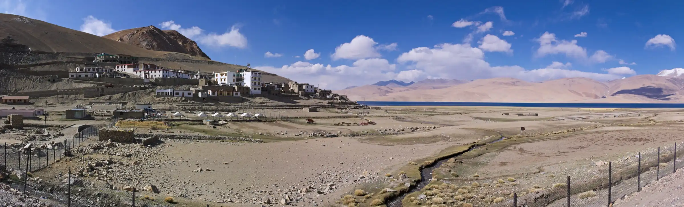 Panorama of Tso Moriri lake and Karzok village in Ladakh, where the Parang La trek ends
