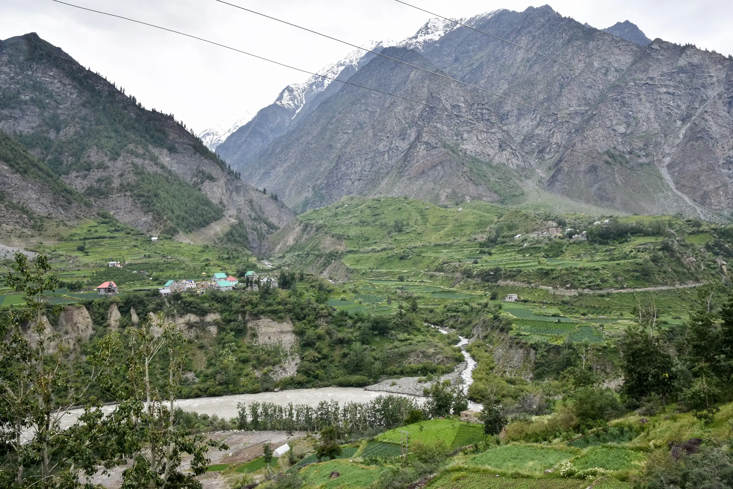 Rashil and Rape villages and terraced fields on the Chandrabhaga (Chenab) near Udaipur in Lahaul, the valley the trek descends into; this photo does not show the pass itself