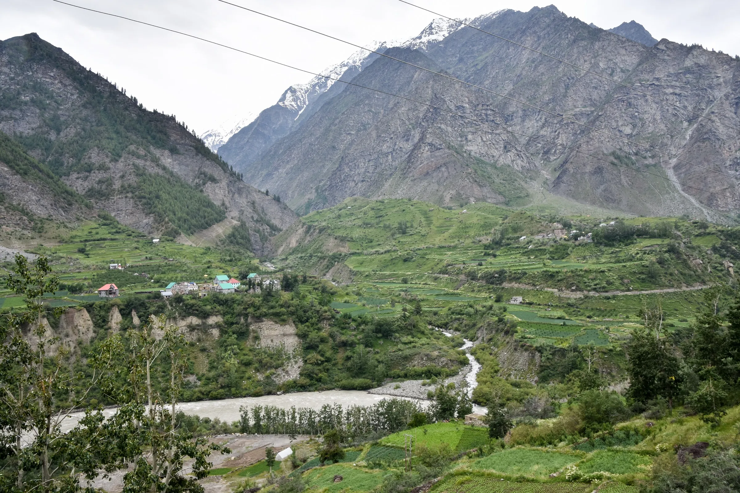 Rashil and Rape villages and terraced fields on the Chandrabhaga (Chenab) near Udaipur in Lahaul, the valley the trek descends into; this photo does not show the pass itself