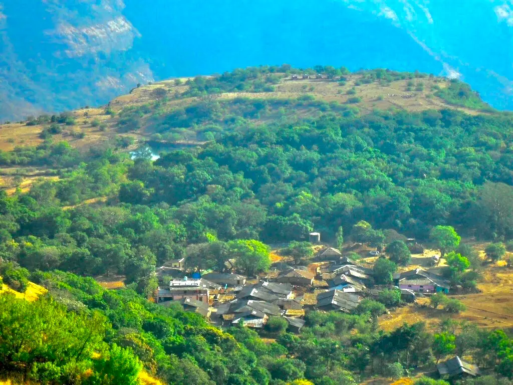 Udhewadi village on the Rajmachi plateau, viewed from Manaranjan citadel