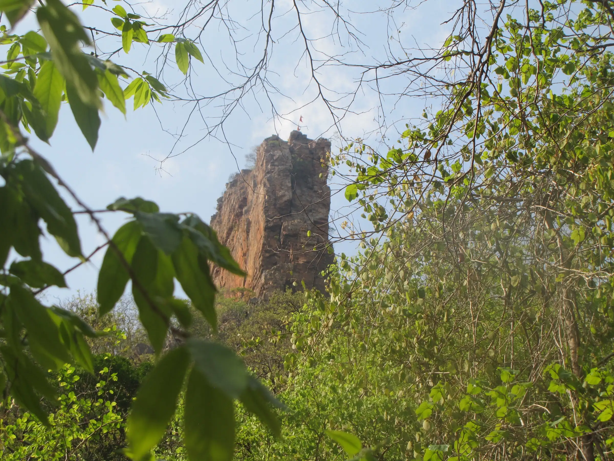 The tall reddish rock pinnacle of Ugra Stambham rising above green forest, seen through leaves
