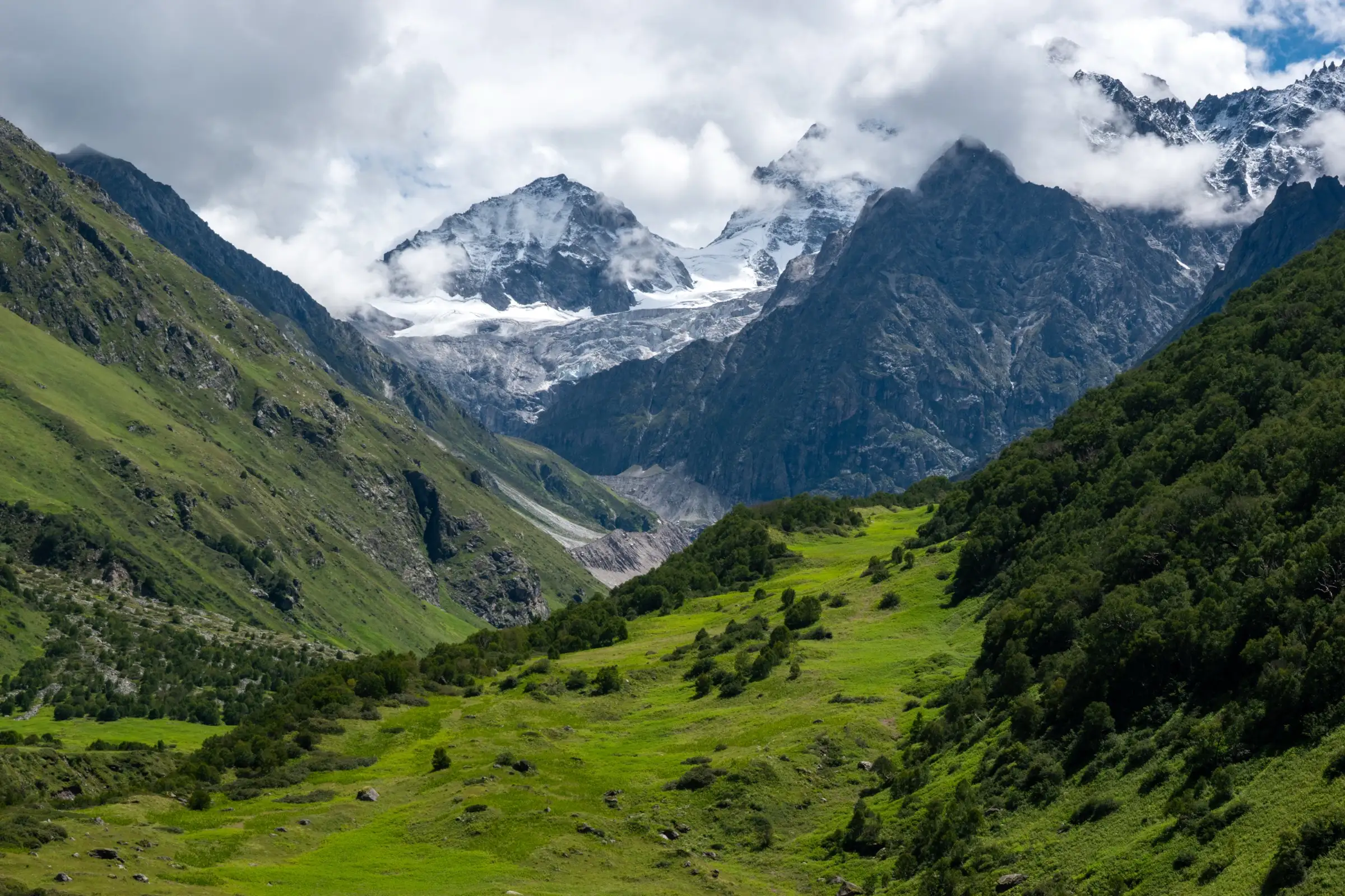 Green meadows of the Valley of Flowers rising to glaciers and snow peaks under monsoon cloud