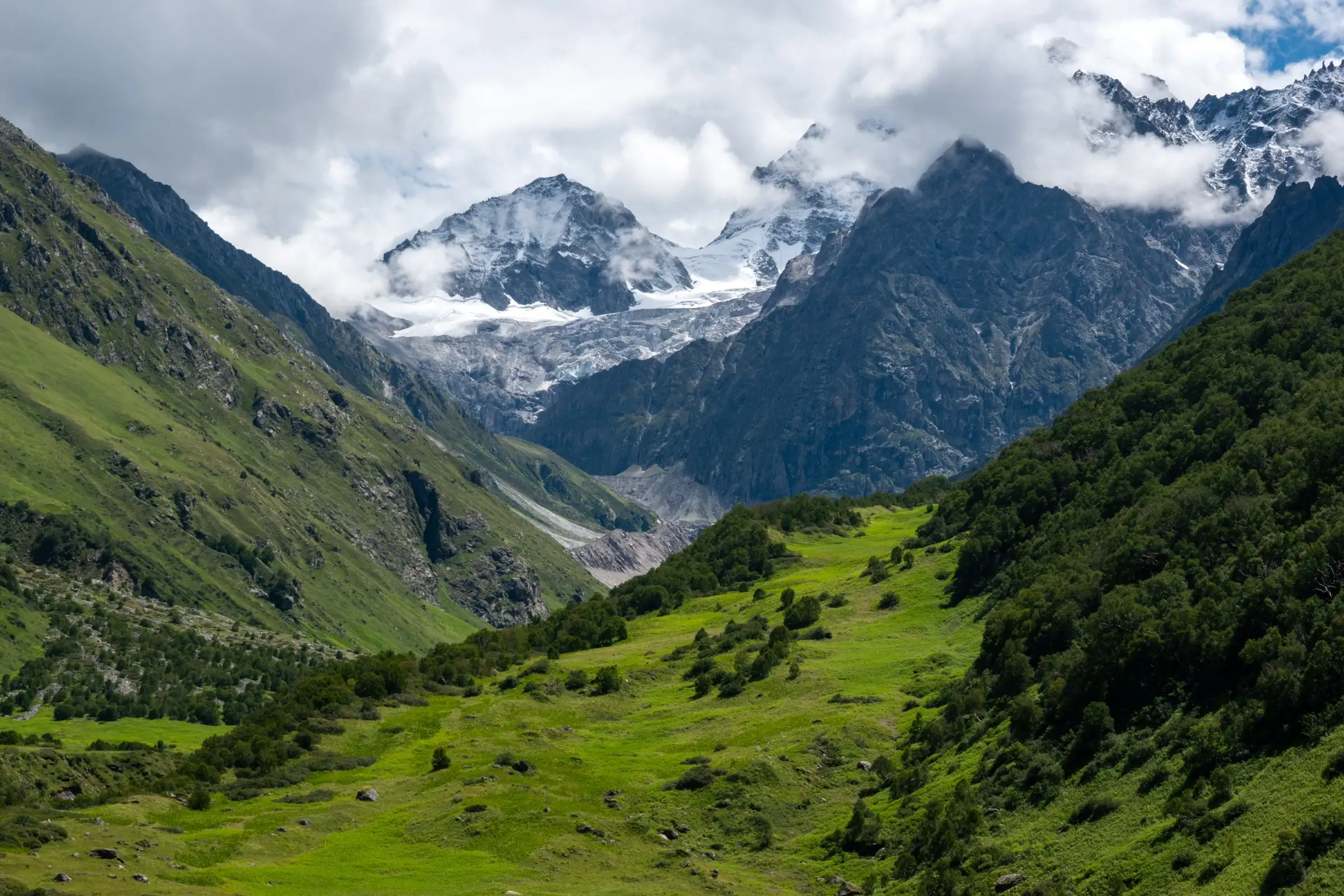 Green meadows of the Valley of Flowers rising to glaciers and snow peaks under monsoon cloud