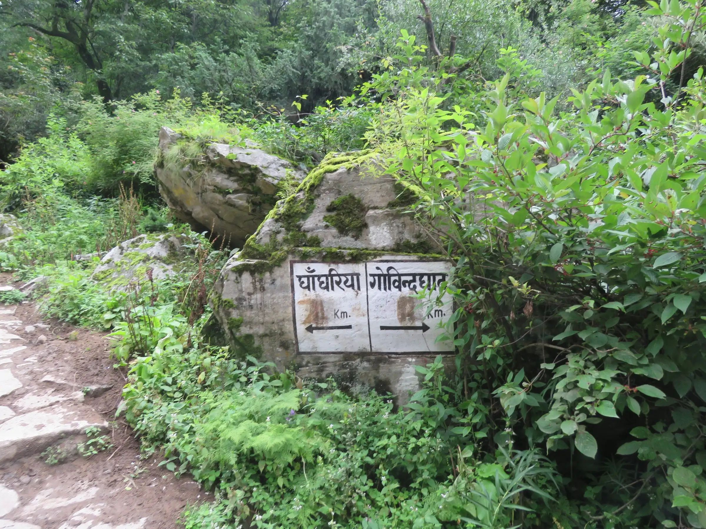Hindi trail sign on a mossy boulder pointing to Ghangaria and Govindghat beside the stone path