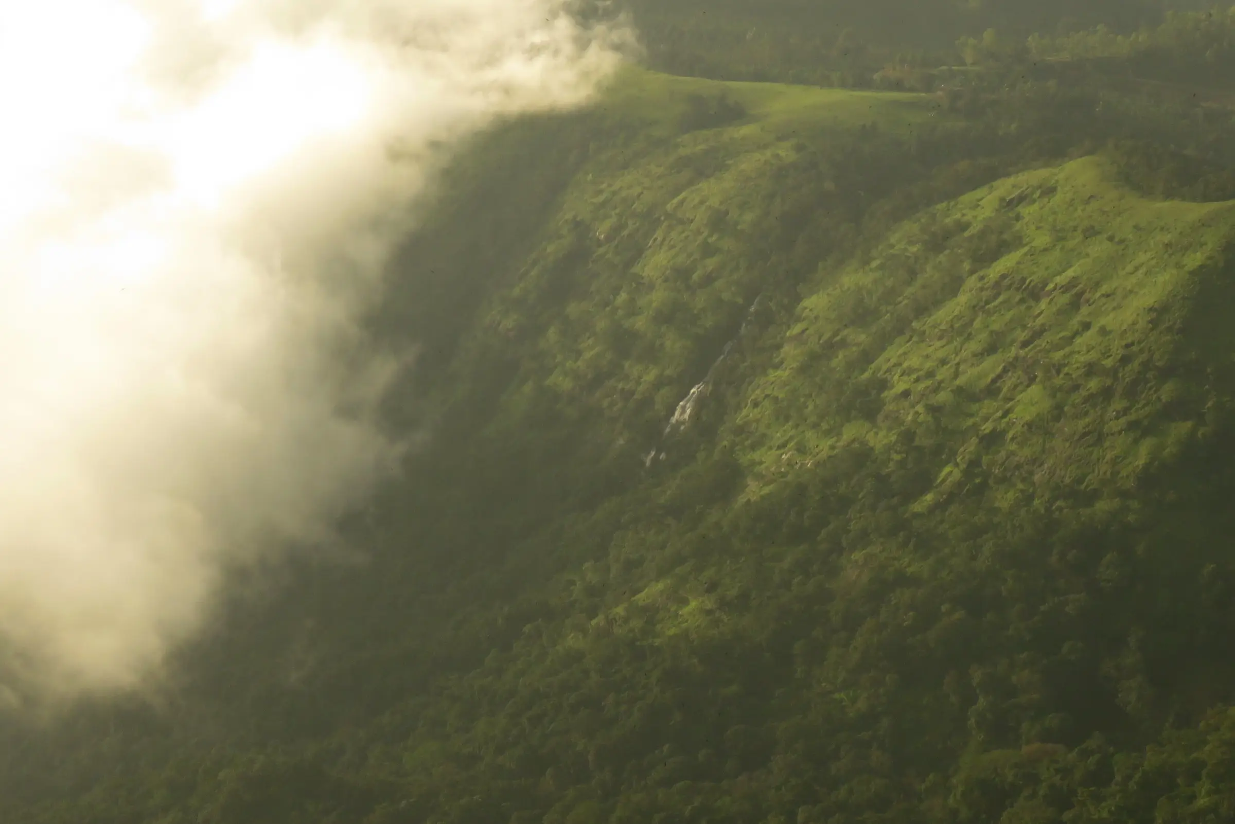 Mist rolling over green grassy slopes with a thin waterfall, seen from Rani Jhari View Point near the trek
